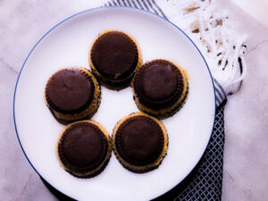 top view of double stuffed peanut butter cups on a plate