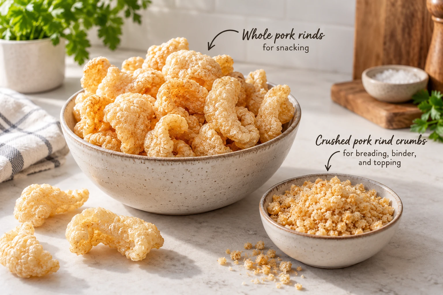 A speckled bowl of puffed pork rinds and a smaller bowl of pale crumbs, hand-labeled whole for snacking, crushed for breading, binder and topping