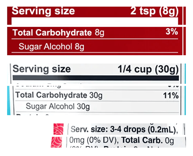Serving size and carbohydrate rows from three Lakanto Nutrition Facts panels, highlighted — Classic at 2 tsp (8g) with 8g total carbohydrate and 8g sugar alcohol, Powdered at one-quarter cup (30g) with 30g total carbohydrate and 30g sugar alcohol, and Liquid at 3 to 4 drops (0.2mL) with 0g total carbohydrate