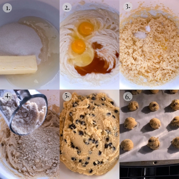 6 photo collage of how to make keto chocolate chip cookies 