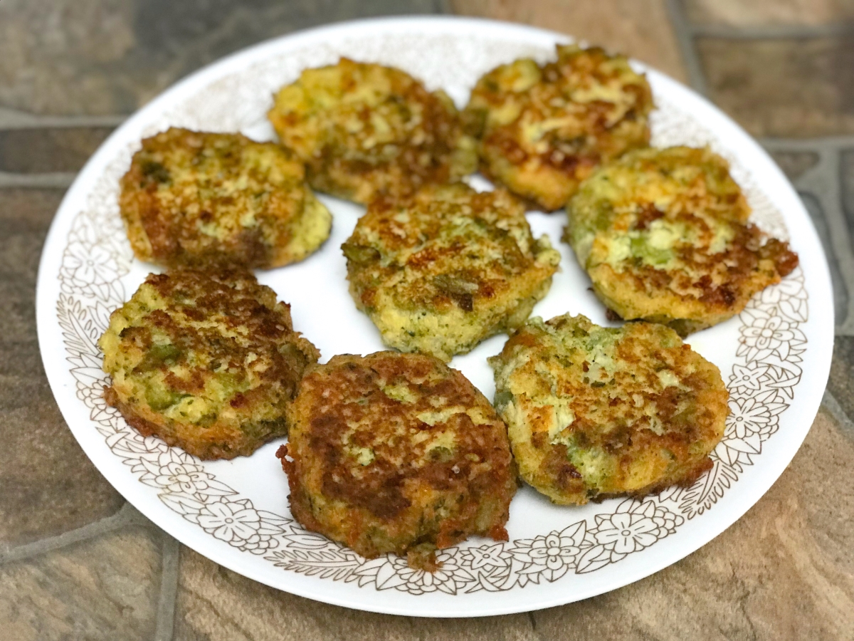 cauliflower broccoli fritters front center on a plate