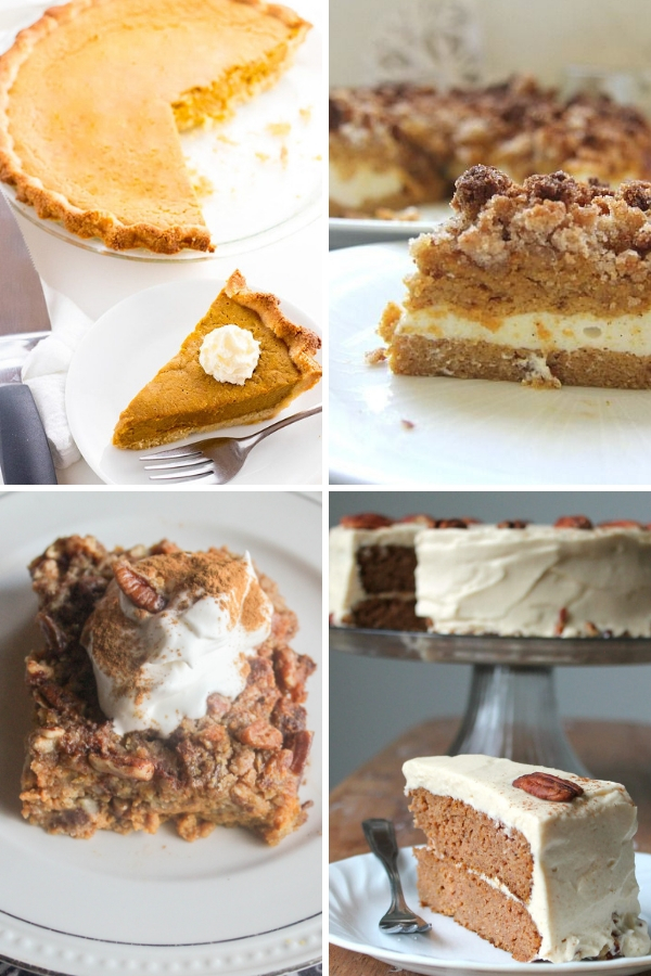 collage of four keto pumpkin pies and cakes