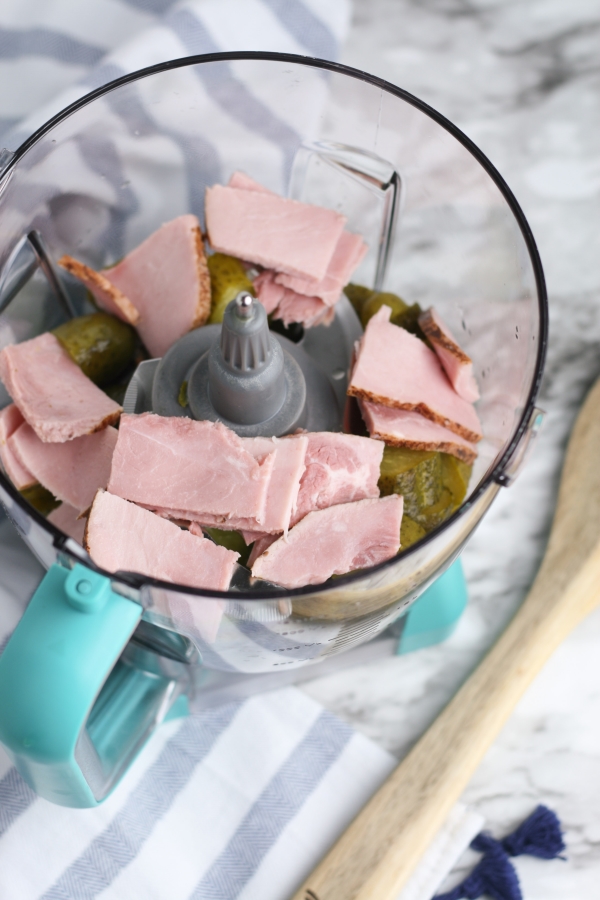 step by step ham and pickle dip. Processing ham and pickles