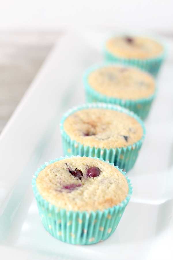 four blueberry muffins in a line on a vertical plate with only the first muffin in focus