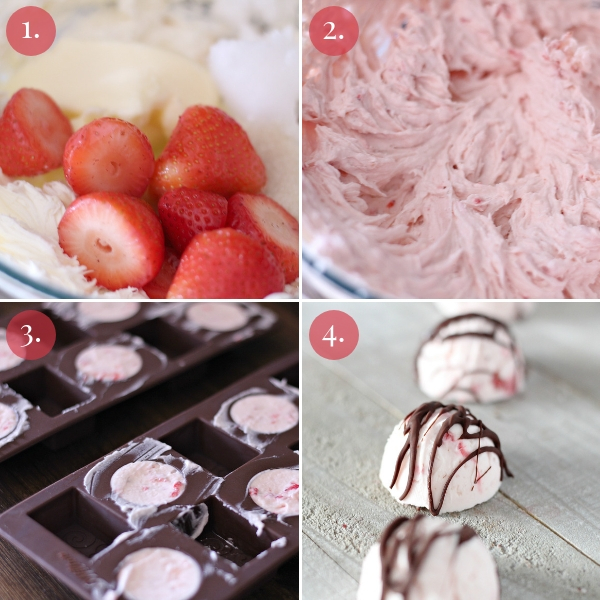 step by step collage on how to make strawberry cheesecake fat bombs