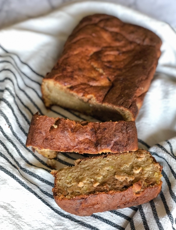 close up top view of keto zucchini banana bread with two pieces cut into it