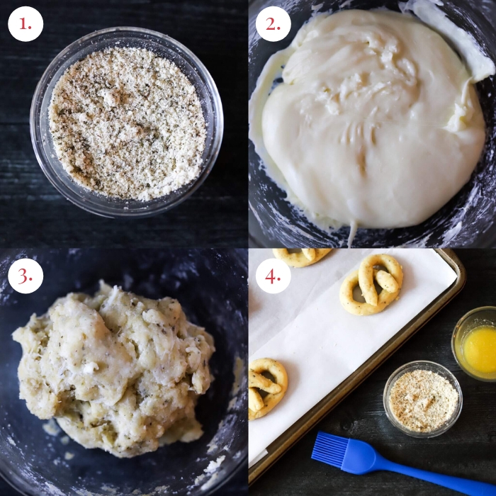 four picture collage of step by step keto pretzels 