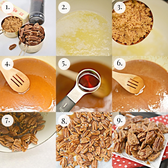 9 photo collage step by step how to make keto candied pecans 