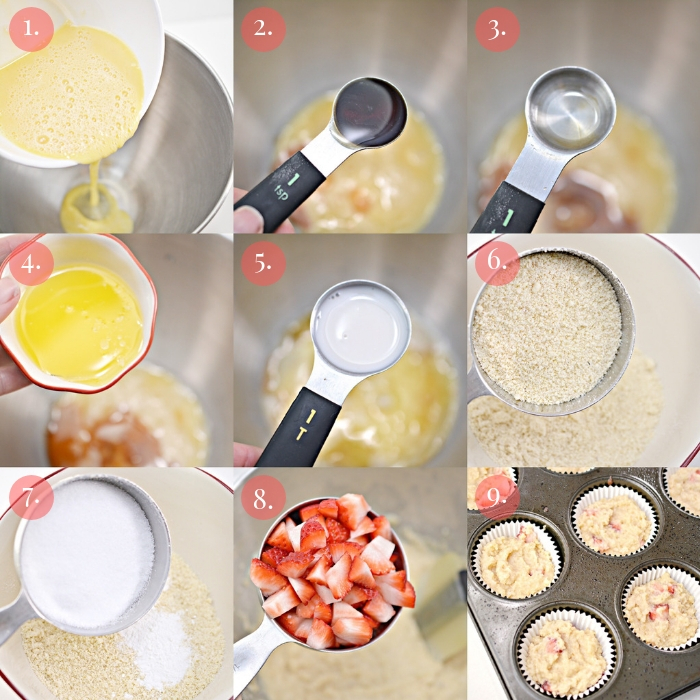 step by step 9 photo collage how to make keto strawberry muffins