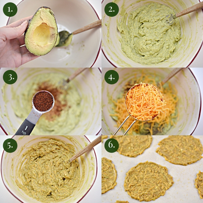 step by step six photo collage of how to make keto avocado chips