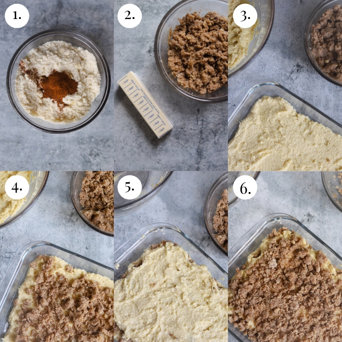 six photo collage of how to make the cinnamon crumble