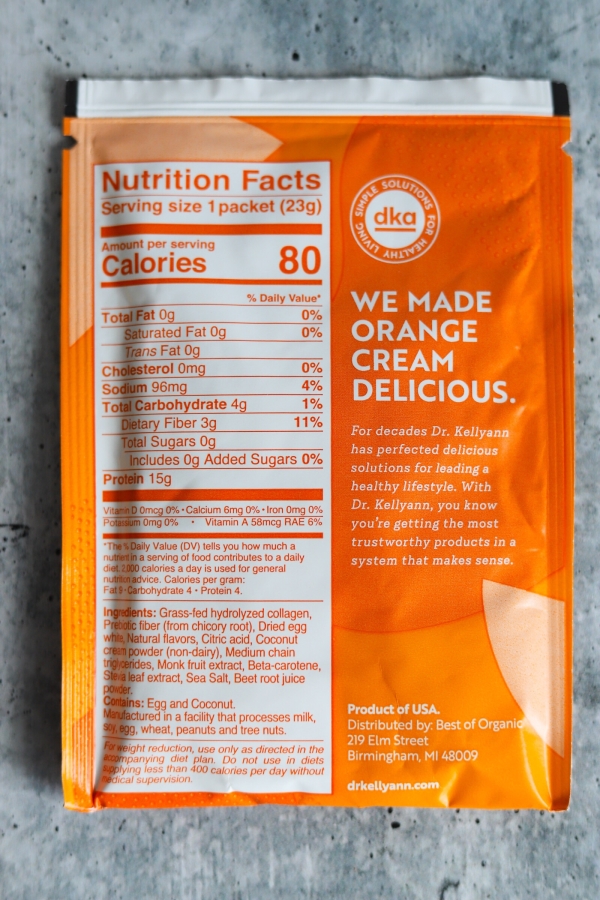 packet of orange cream collagen showing the macros and ingredients