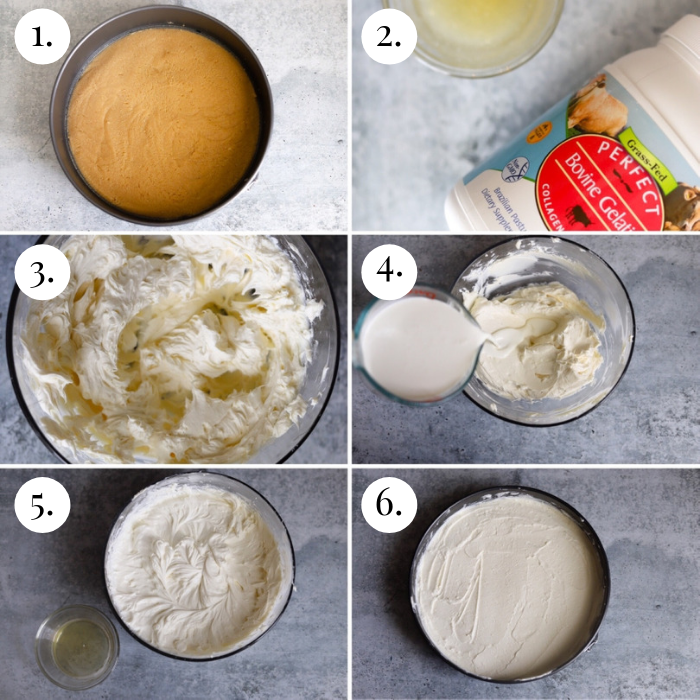 step by step 6 photo collage of how to make the keto cheesecake