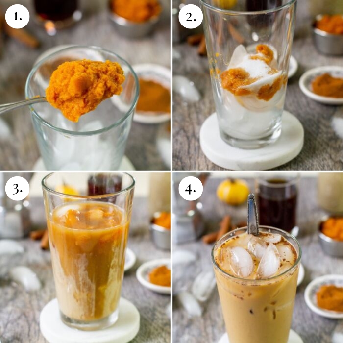 step by step four photo collage on how to make keto pumpkin iced latte