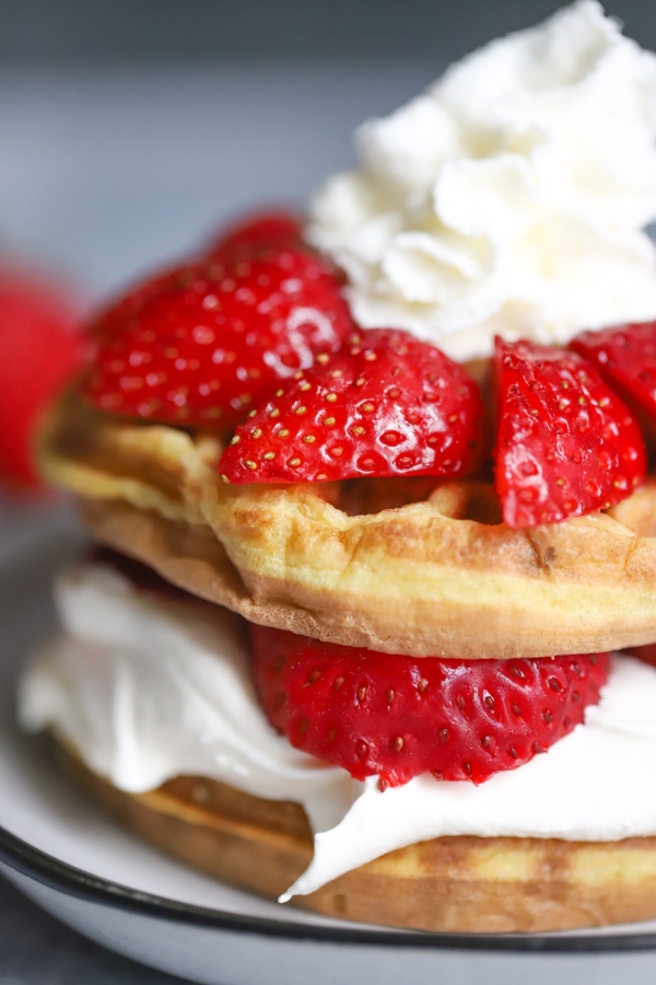 close up side view of keto strawberry shortcake chaffle