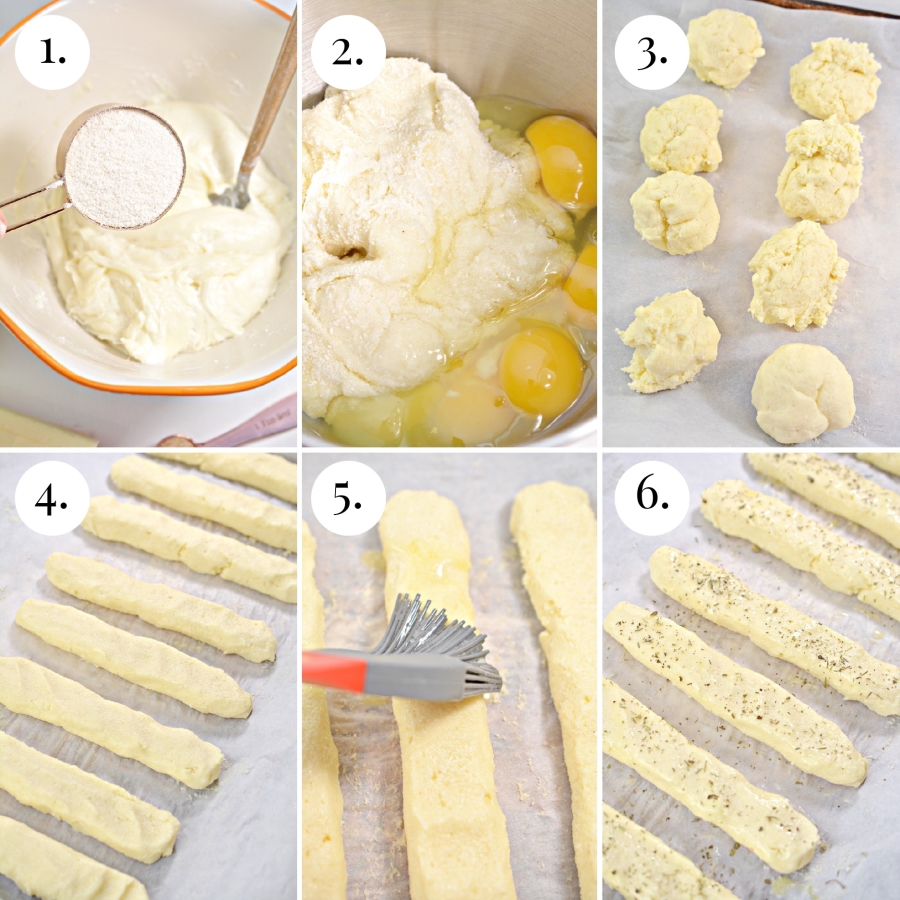 six photo collage of the process of making the keto breadsticks