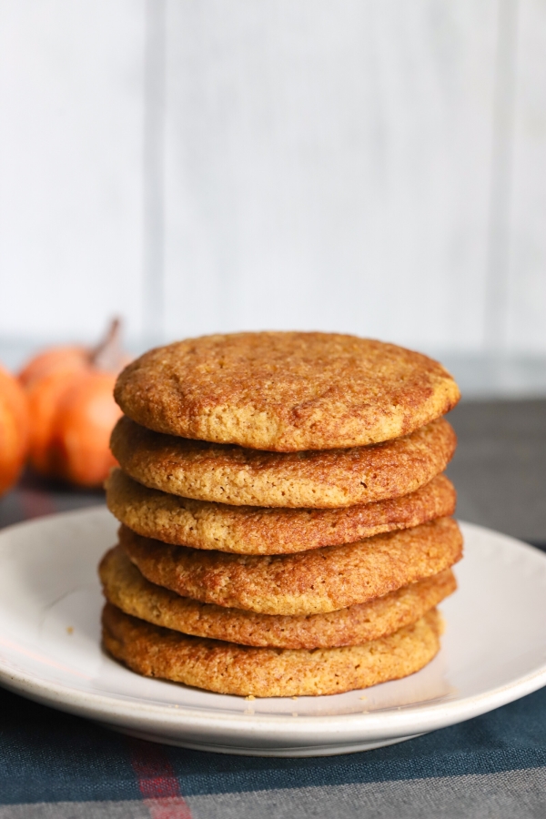 stack of keto pumpkin snickerdoodle cookies on a plate
