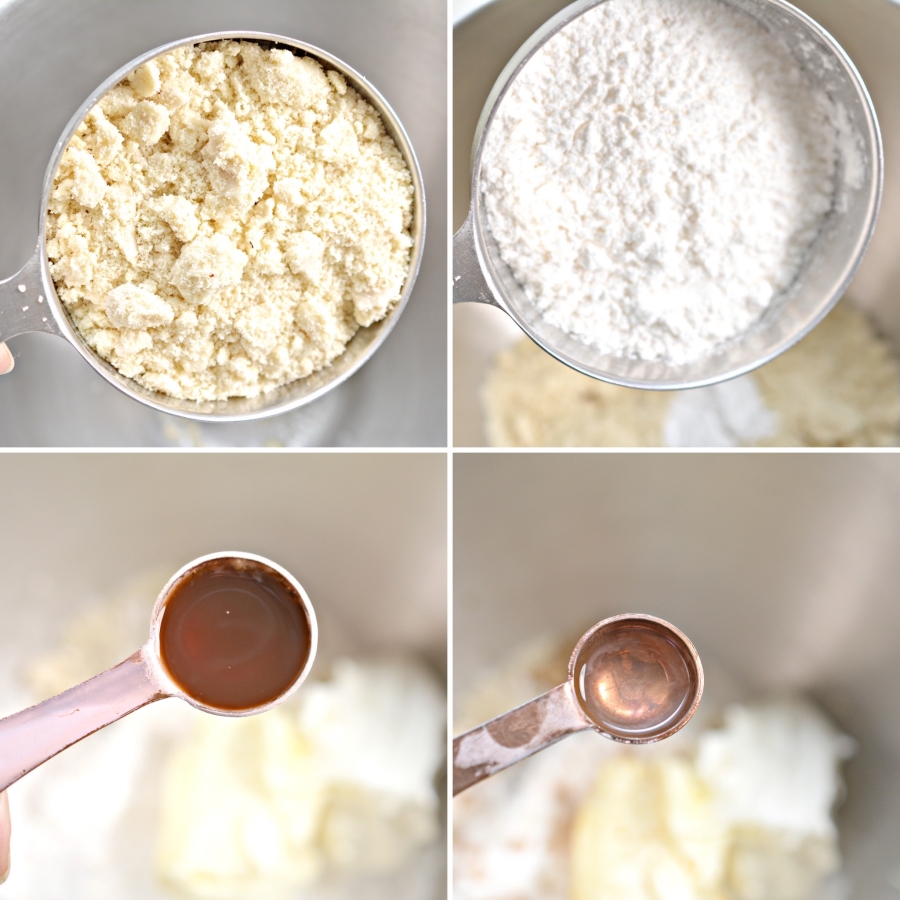 4 photo collage of creating the peppermint cookie dough