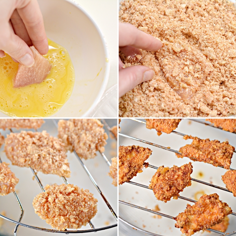 4 photo collage of air fryer process for chicken nuggets