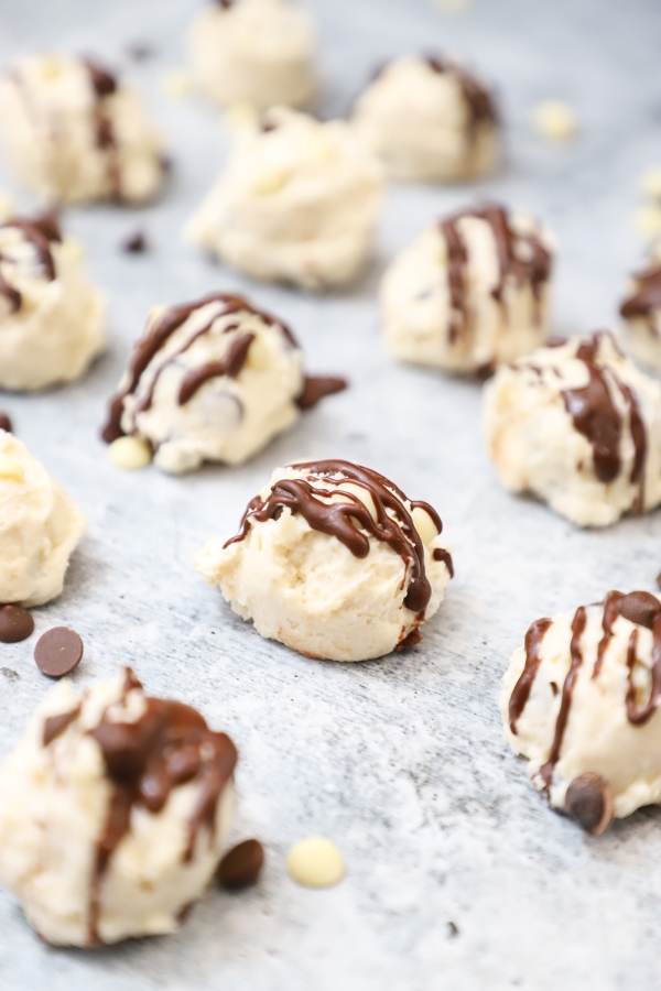 close up of cookie dough bites on a table