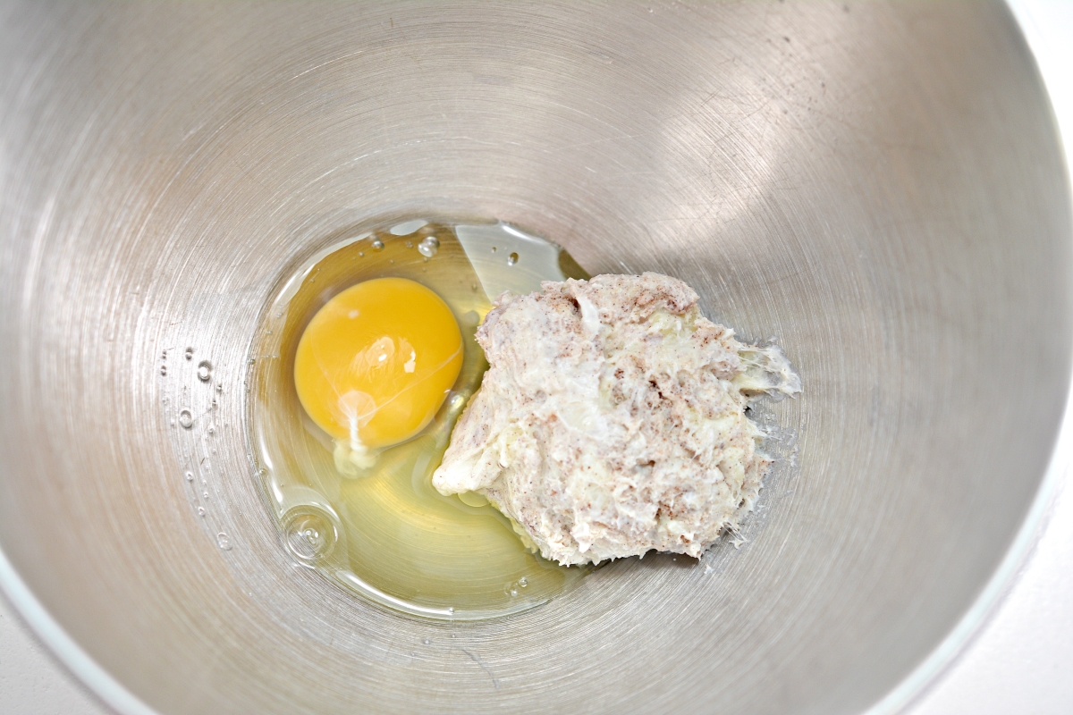 egg and dough in a mixing bowl