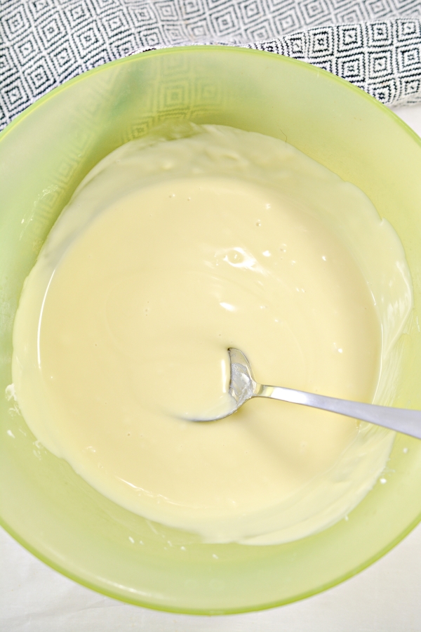 white chocolate in mixing bowl