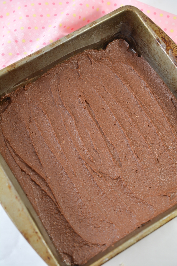brownie batter spread evenly in pan