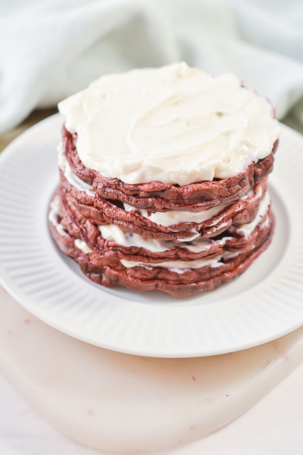 stack of four keto red Velvet Chaffles on a plate