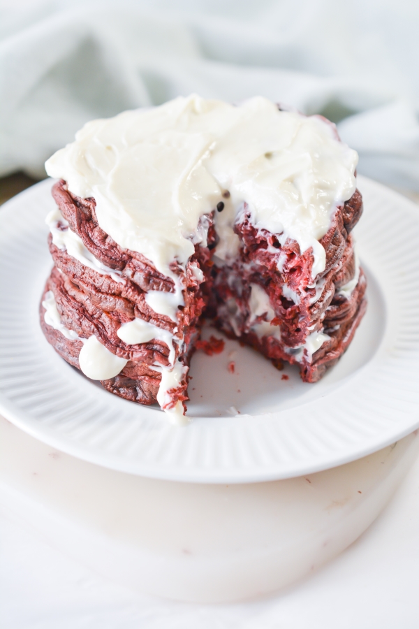 keto red Velvet Chaffles cut into on a plate