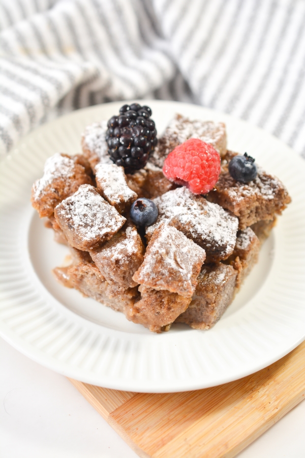 one serving of keto French toast casserole on a plate