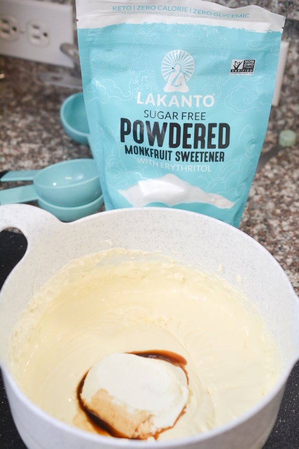 ingredients in bowl with lakanto powdered sweetener in background 