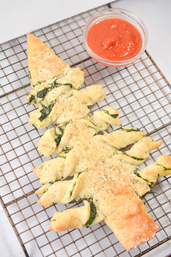 top angle view of full spinach Christmas tree bread