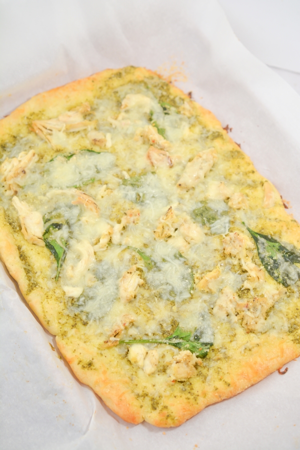 unmute fully baked, fresh out the oven keto chicken pesto flatbread
